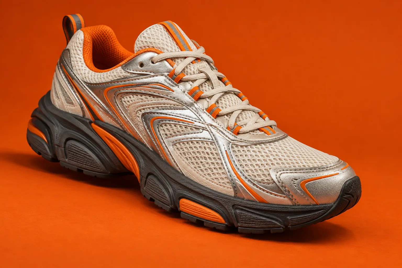Cream running shoe with orange details in an illustrative sportswear storefront